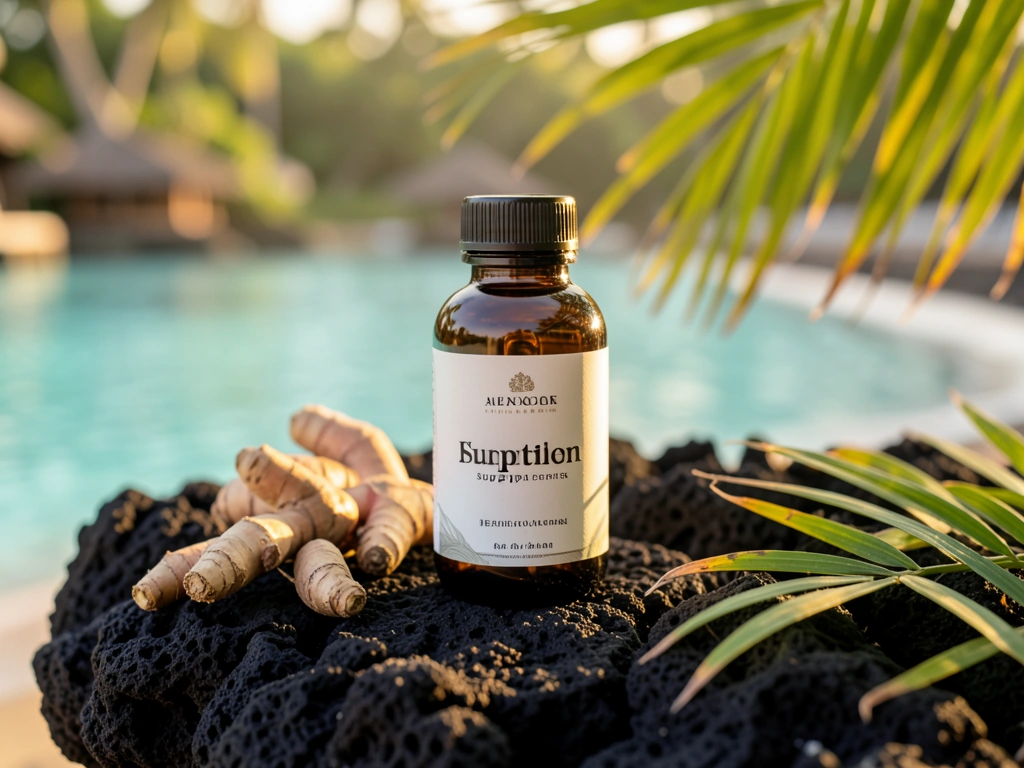 Herbal Pria natural supplement bottle on volcanic stone